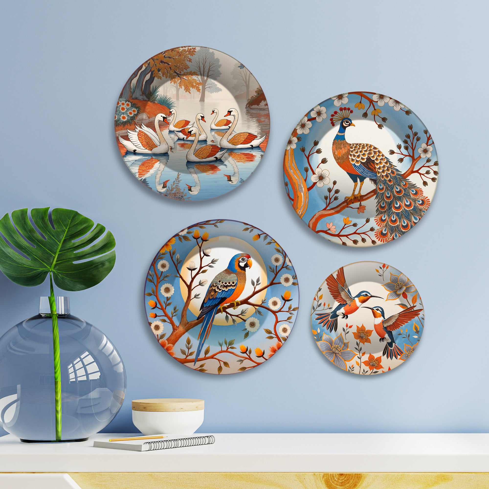 Elegant Vintage Birds Premium Wall Plates Painting Set of Four