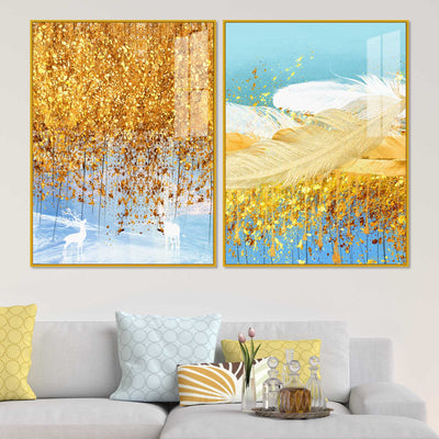 Elegant White Deer and Golden Feather Premium Acrylic Floating Wall Painting Set of 2
