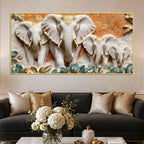 Elegant White & Golden Elephant Family 3D Canvas Wall Painting
