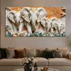 Elegant White & Golden Elephant Family 3D Canvas Wall Painting