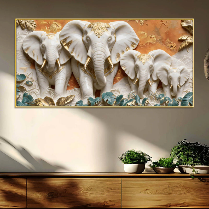 Elegant White & Golden Elephant Family 3D Canvas Wall Painting