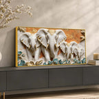 Elegant White & Golden Elephant Family 3D Canvas Wall Painting
