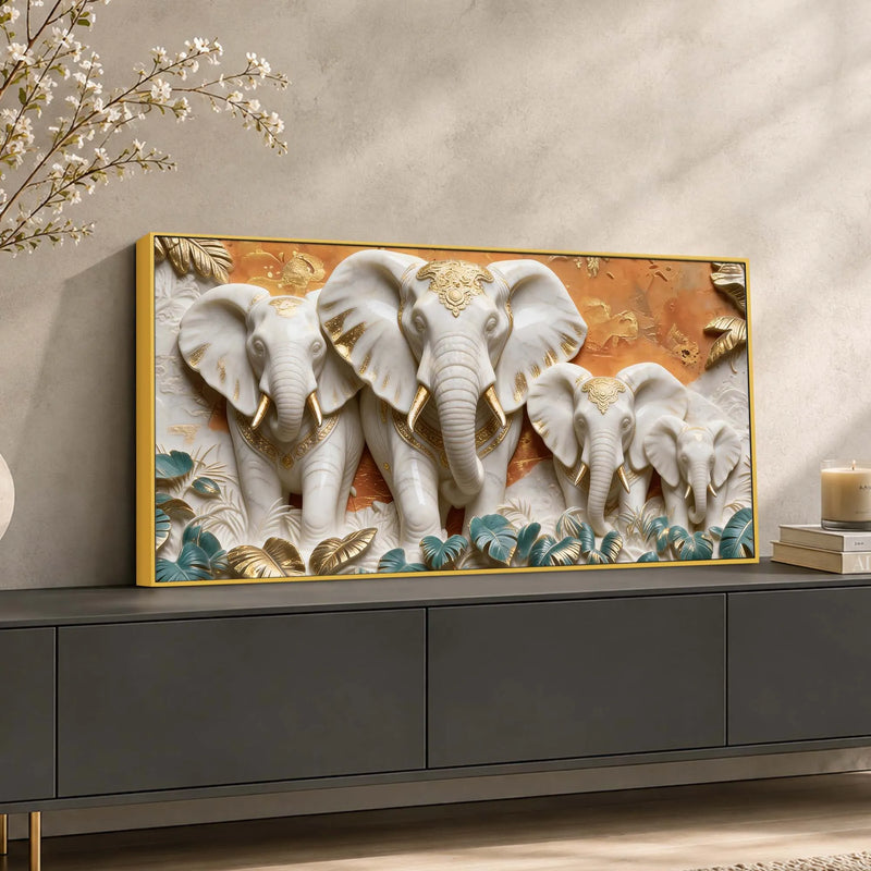 Elegant White & Golden Elephant Family 3D Canvas Wall Painting