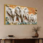 Elegant White & Golden Elephant Family 3D Canvas Wall Painting