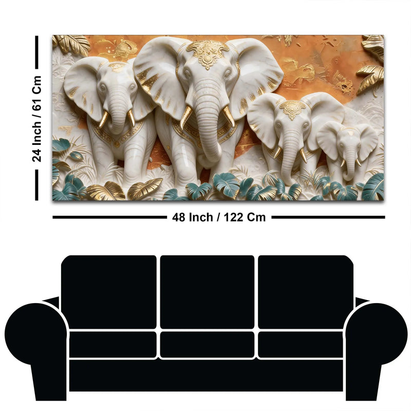 Elegant White & Golden Elephant Family 3D Canvas Wall Painting