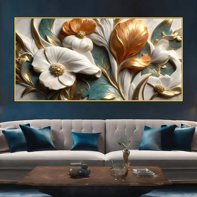 Elegant White Magnolia & Golden Leaves 3D Canvas Wall Painting