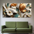 Elegant White Magnolia & Golden Leaves 3D Canvas Wall Painting