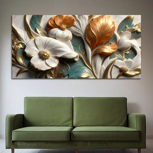Elegant White Magnolia & Golden Leaves 3D Canvas Wall Painting
