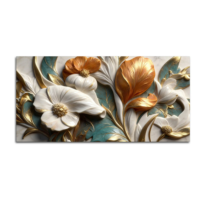 Elegant White Magnolia & Golden Leaves 3D Canvas Wall Painting