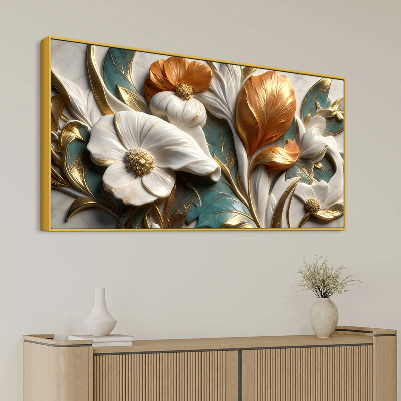 Elegant White Magnolia & Golden Leaves 3D Canvas Wall Painting
