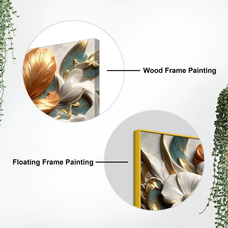 Elegant White Magnolia & Golden Leaves 3D Canvas Wall Painting