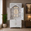 Elegant White Marble Finish Wooden Temple with LED OM Back Panel & Spacious Storage for Home & Office