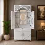 Elegant White Marble Finish Wooden Temple with LED OM Back Panel & Spacious Storage for Home & Office