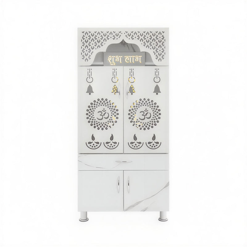 Elegant White Marble Finish Wooden Temple with LED OM Back Panel & Spacious Storage for Home & Office