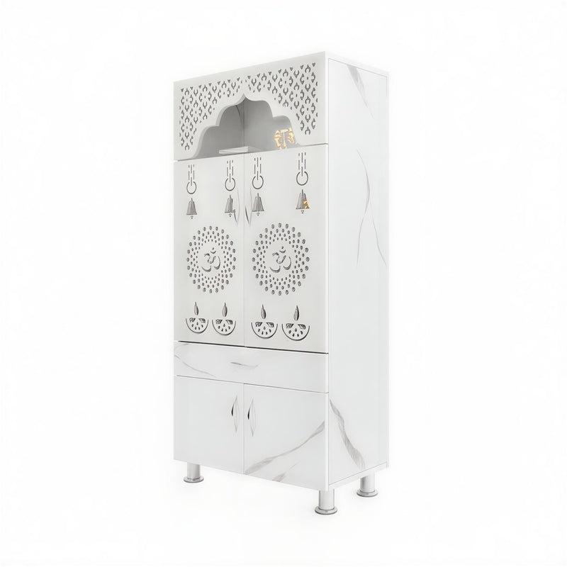 Elegant White Marble Finish Wooden Temple with LED OM Back Panel & Spacious Storage for Home & Office
