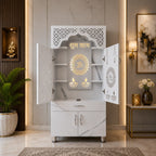 Elegant White Marble Finish Wooden Temple with LED OM Back Panel & Spacious Storage for Home & Office