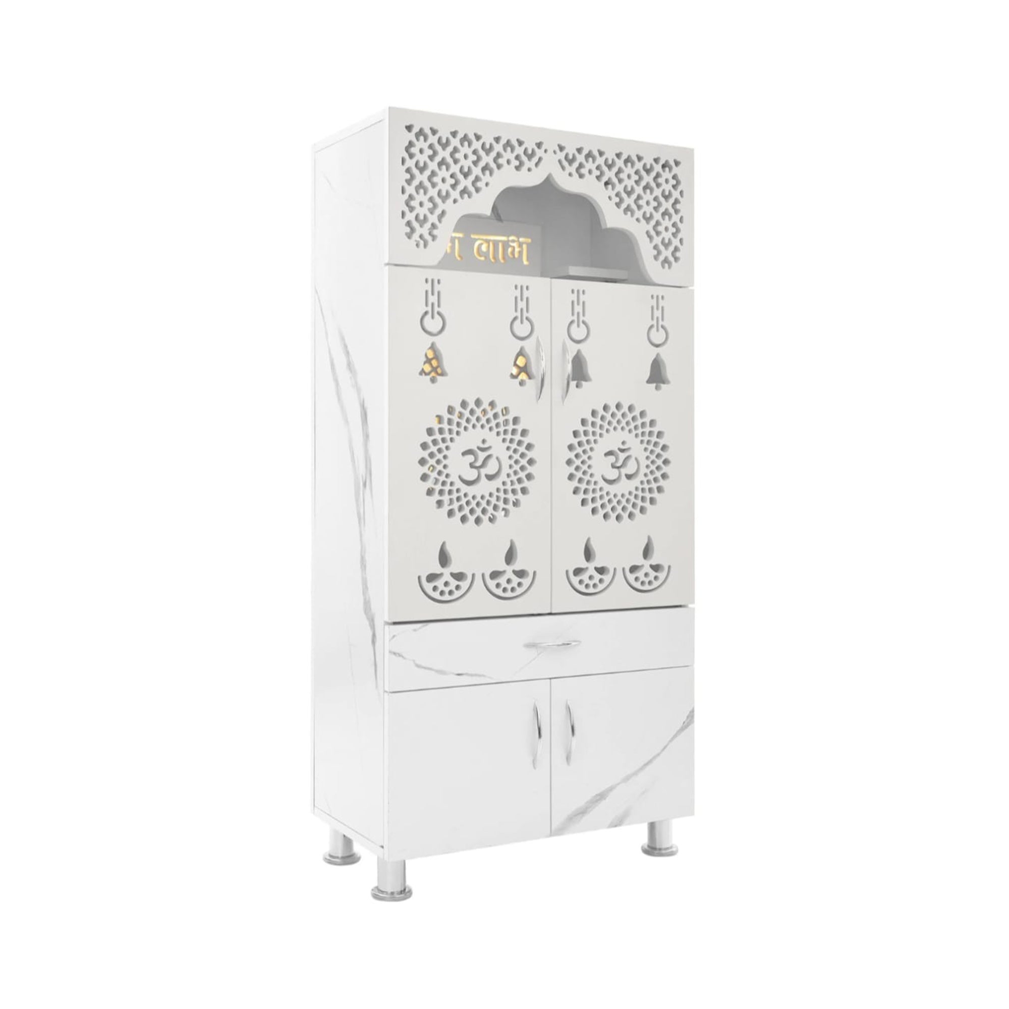 Elegant White Marble Finish Wooden Temple with LED OM Back Panel & Spacious Storage for Home & Office