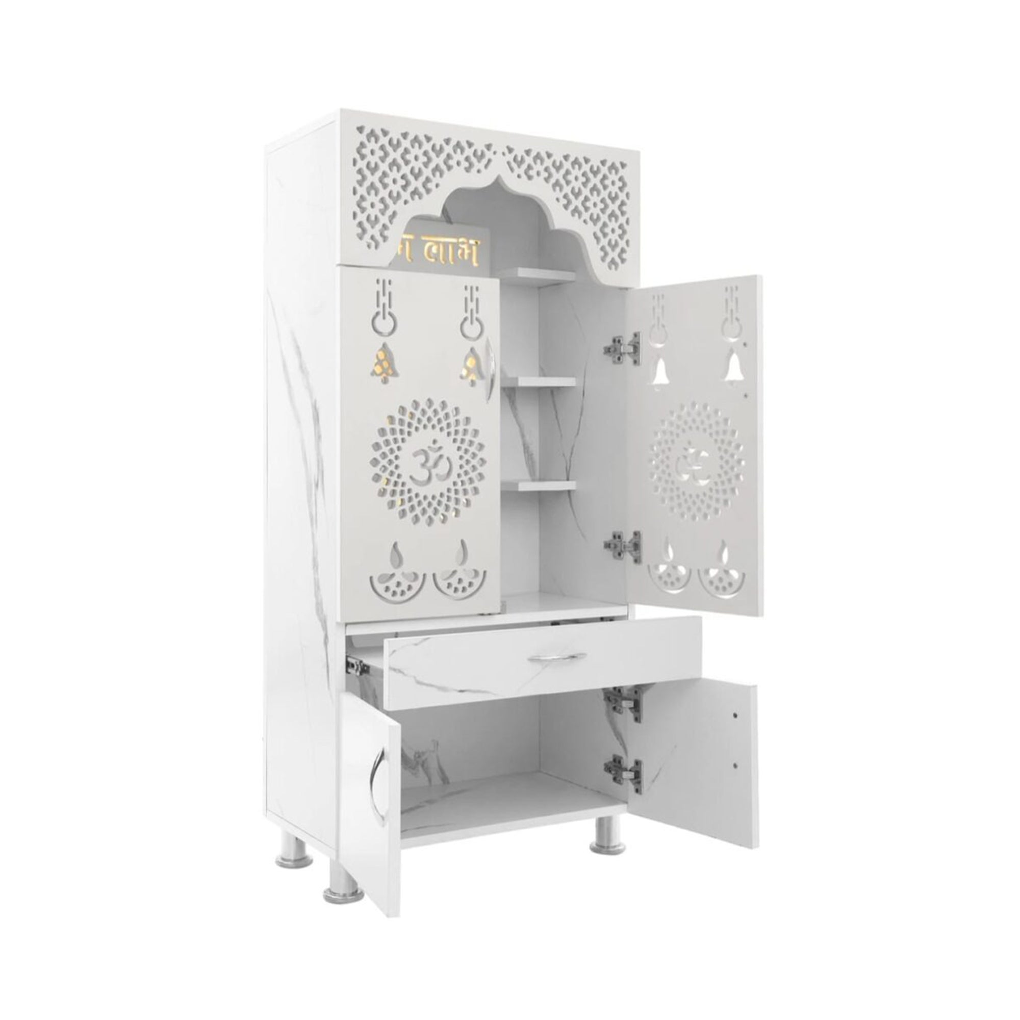 Elegant White Marble Finish Wooden Temple with LED OM Back Panel & Spacious Storage for Home & Office