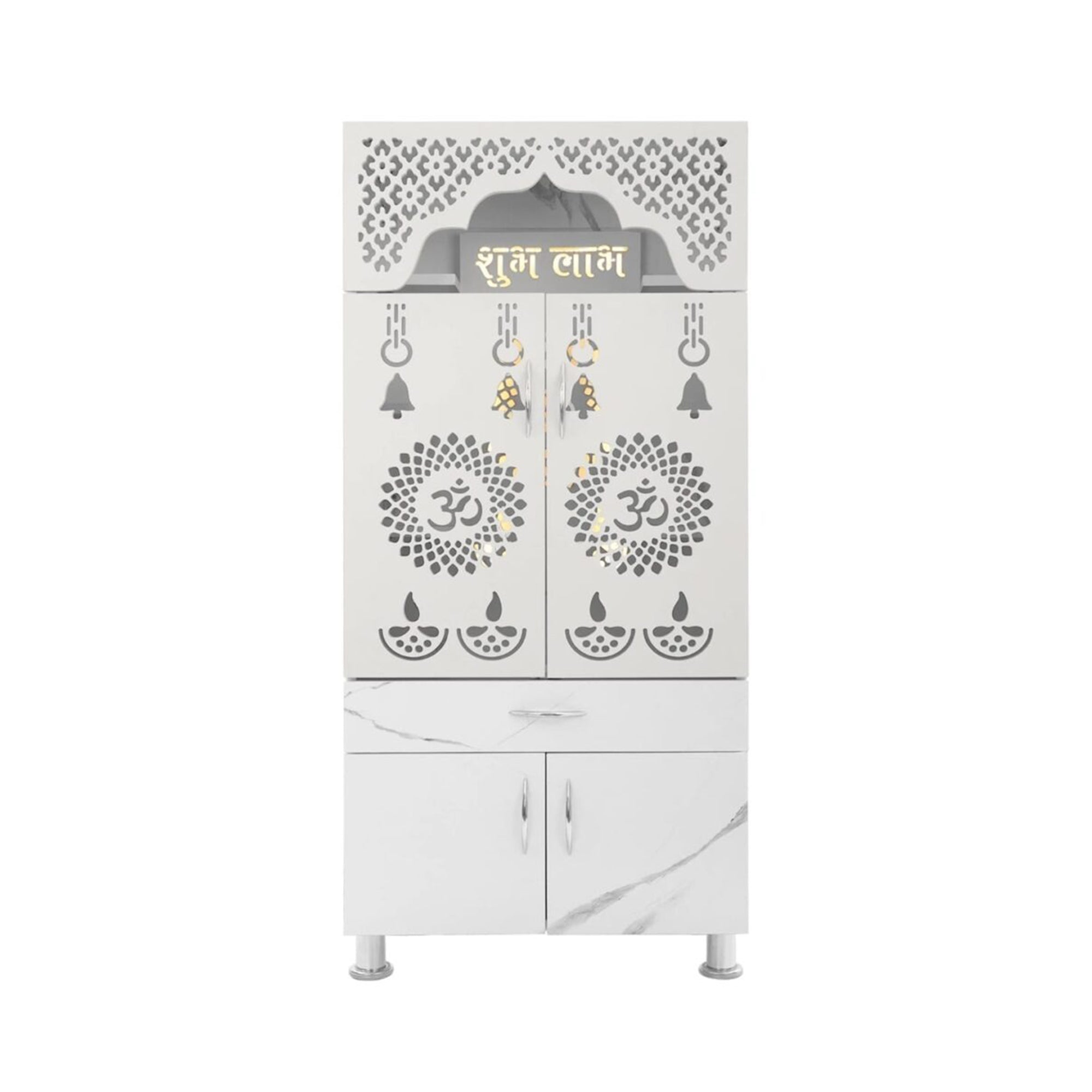 Elegant White Marble Finish Wooden Temple with LED OM Back Panel & Spacious Storage for Home & Office