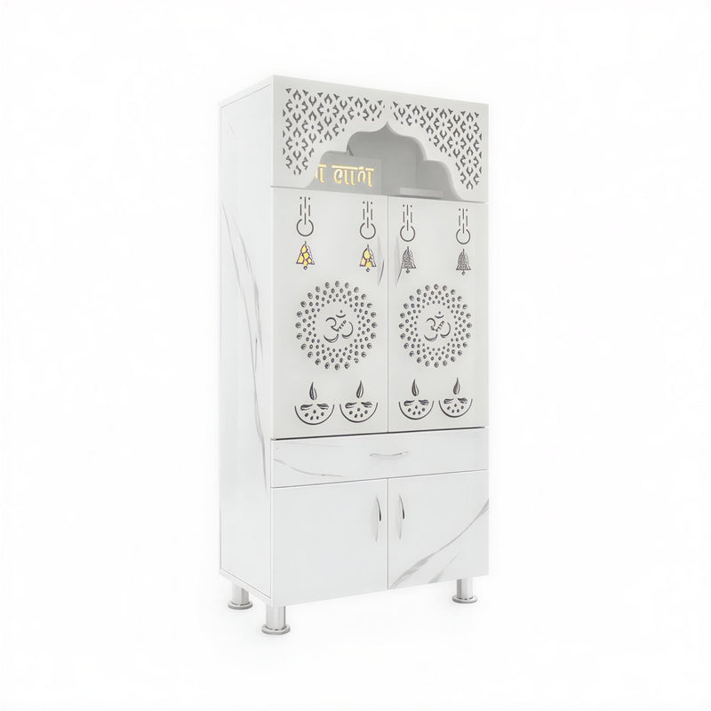 Elegant White Marble Finish Wooden Temple with LED OM Back Panel & Spacious Storage for Home & Office