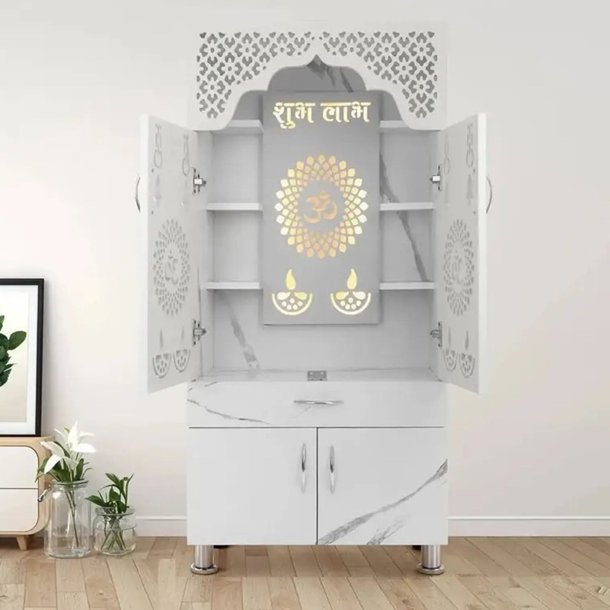 elegant-white-marble-finish-wooden-temple-with-led-light-om-back-panel-spacious-storage-for-home-office