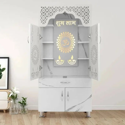 elegant-white-marble-finish-wooden-temple-with-led-light-om-back-panel-spacious-storage-for-home-office