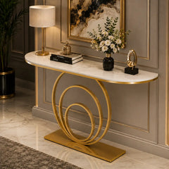 Elegant White Marble Top Console Table with Sculptural Gold Rings