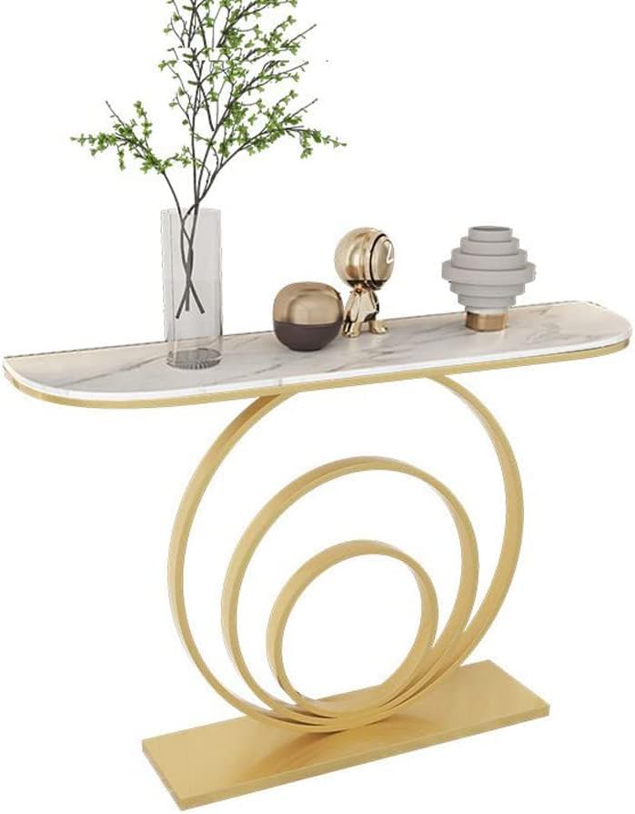 Elegant White Marble Top Console Table with Sculptural Gold Rings