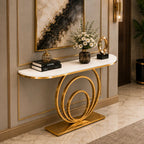 Elegant White Marble Top Console Table with Sculptural Gold Rings