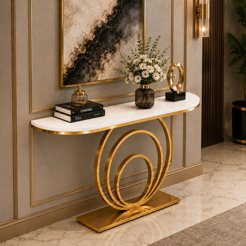 Elegant White Marble Top Console Table with Sculptural Gold Rings