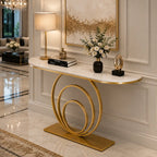 Elegant White Marble Top Console Table with Sculptural Gold Rings