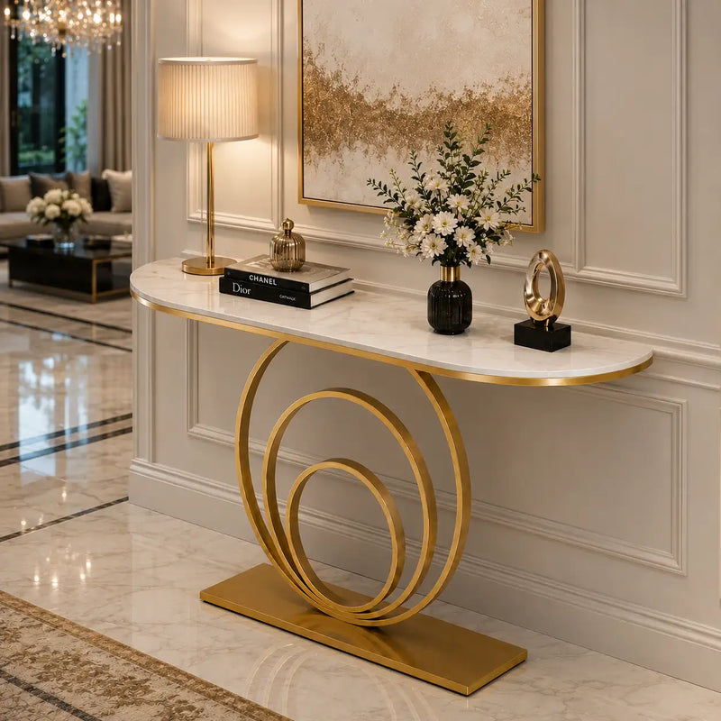 Elegant White Marble Top Console Table with Sculptural Gold Rings