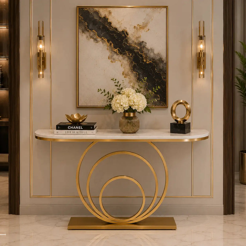 Elegant White Marble Top Console Table with Sculptural Gold Rings