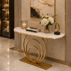 Elegant White Marble Top Console Table with Sculptural Gold Rings