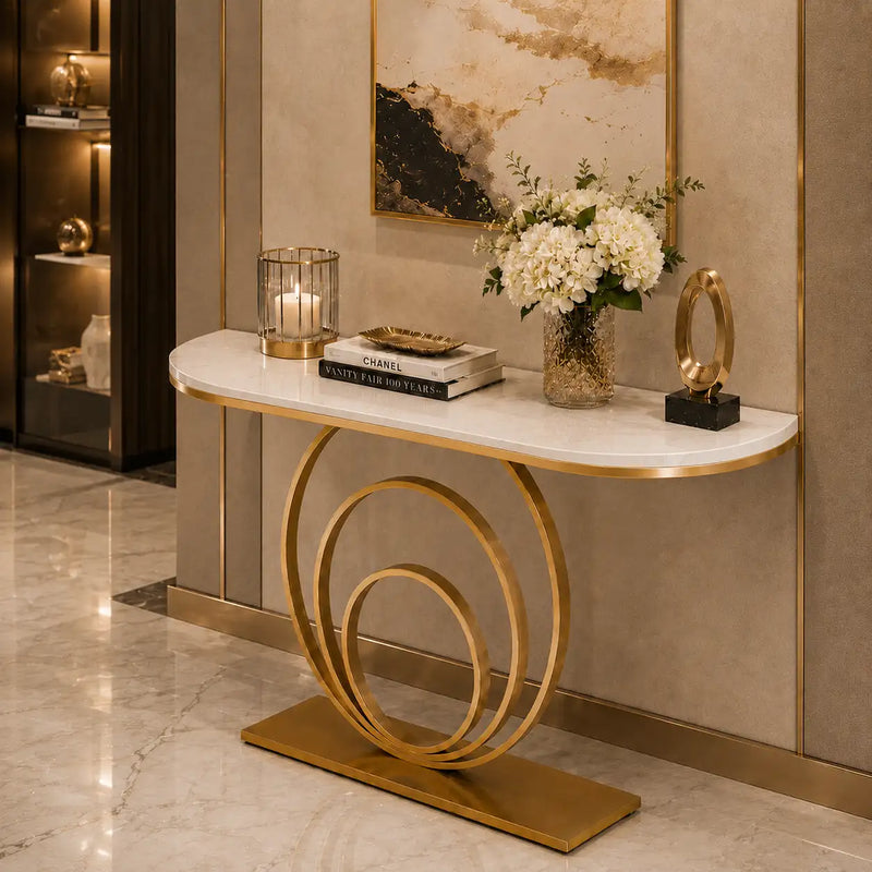 Elegant White Marble Top Console Table with Sculptural Gold Rings