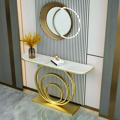Elegant White Marble Top Console Table with Sculptural Gold Rings