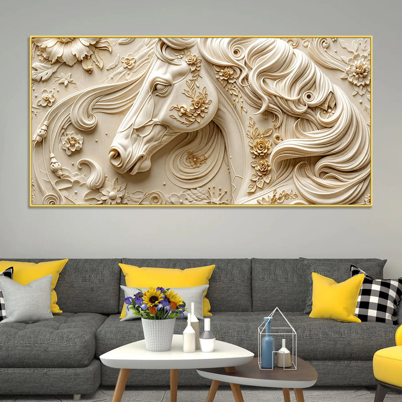 Elegant White Stallion with Floral Embossed 3D Canvas Wall Painting