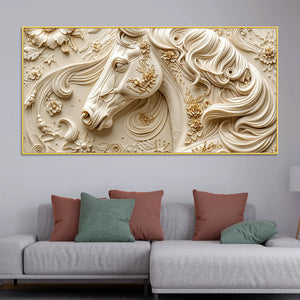 Elegant White Stallion with Floral Embossed 3D Canvas Wall Painting