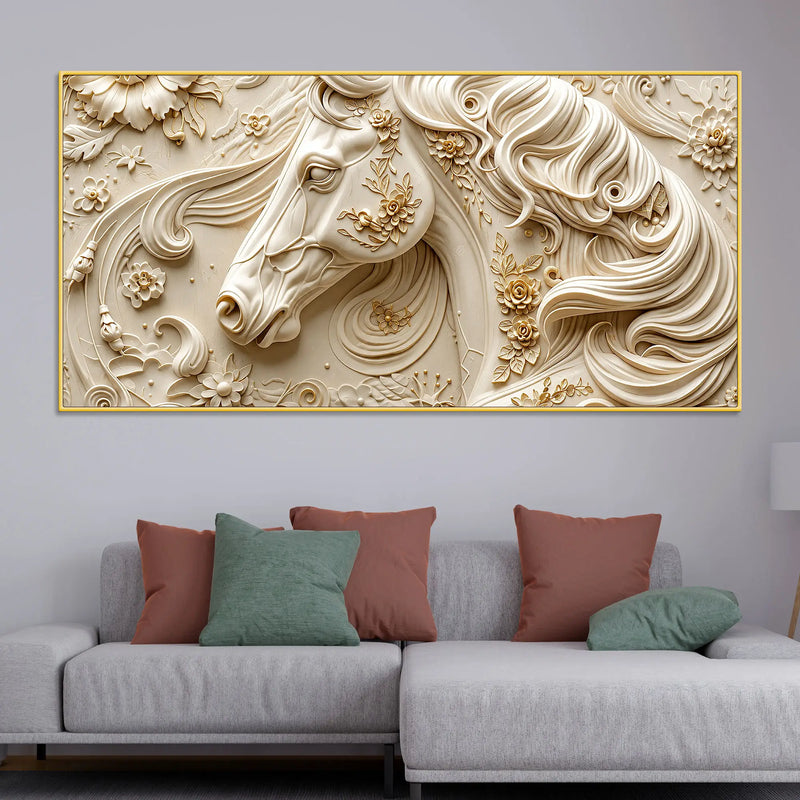 Elegant White Stallion with Floral Embossed 3D Canvas Wall Painting