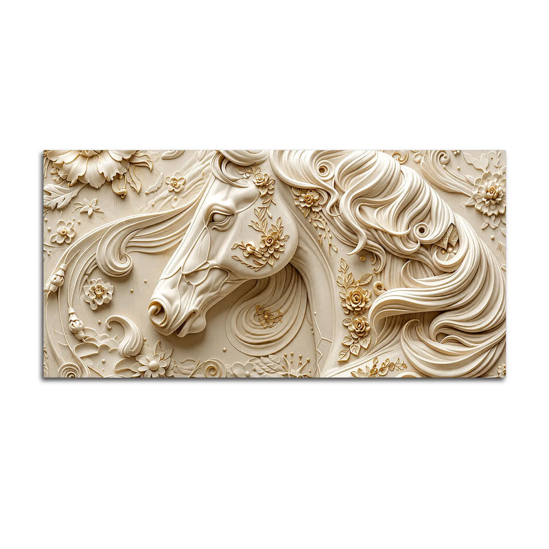 Elegant White Stallion with Floral Embossed 3D Canvas Wall Painting
