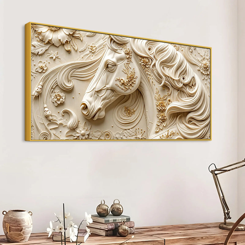 Elegant White Stallion with Floral Embossed 3D Canvas Wall Painting