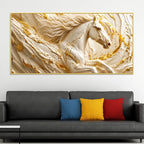 Elegant White Stallion with Liquid Gold Swirls 3D Canvas Wall Painting
