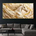Elegant White Stallion with Liquid Gold Swirls 3D Canvas Wall Painting