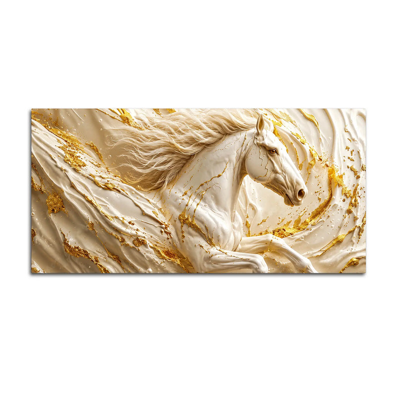 Elegant White Stallion with Liquid Gold Swirls 3D Canvas Wall Painting