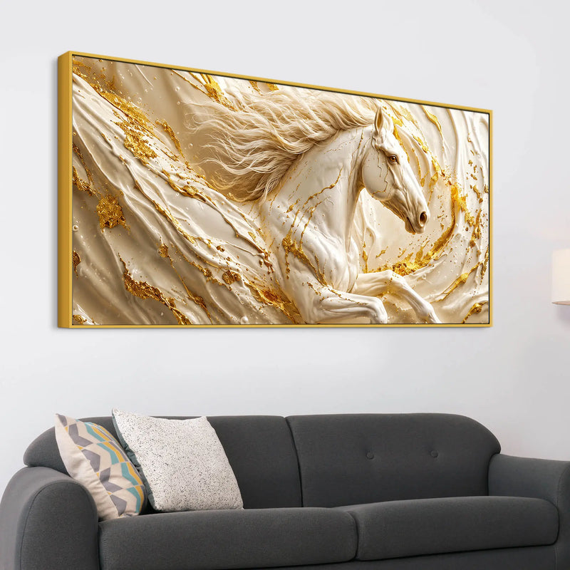 Elegant White Stallion with Liquid Gold Swirls 3D Canvas Wall Painting