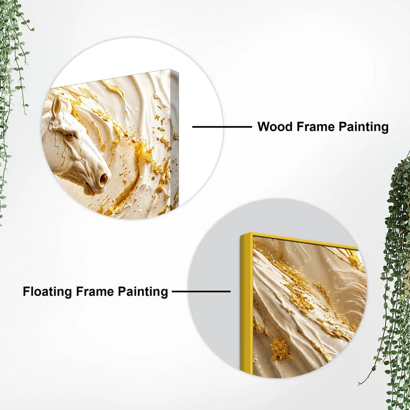 Elegant White Stallion with Liquid Gold Swirls 3D Canvas Wall Painting