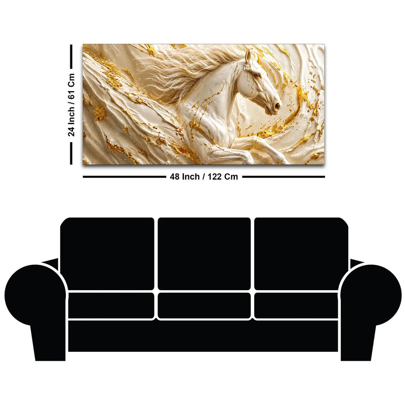 Elegant White Stallion with Liquid Gold Swirls 3D Canvas Wall Painting