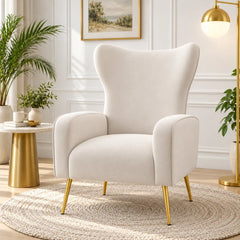 Elegant White Wingback Lounge Chair with Golden Metal Legs
