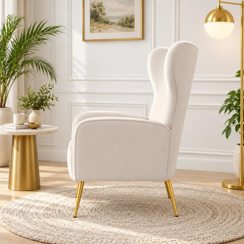 Elegant White Wingback Lounge Chair with Golden Metal Legs