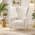 Elegant White Wingback Lounge Chair with Golden Metal Legs